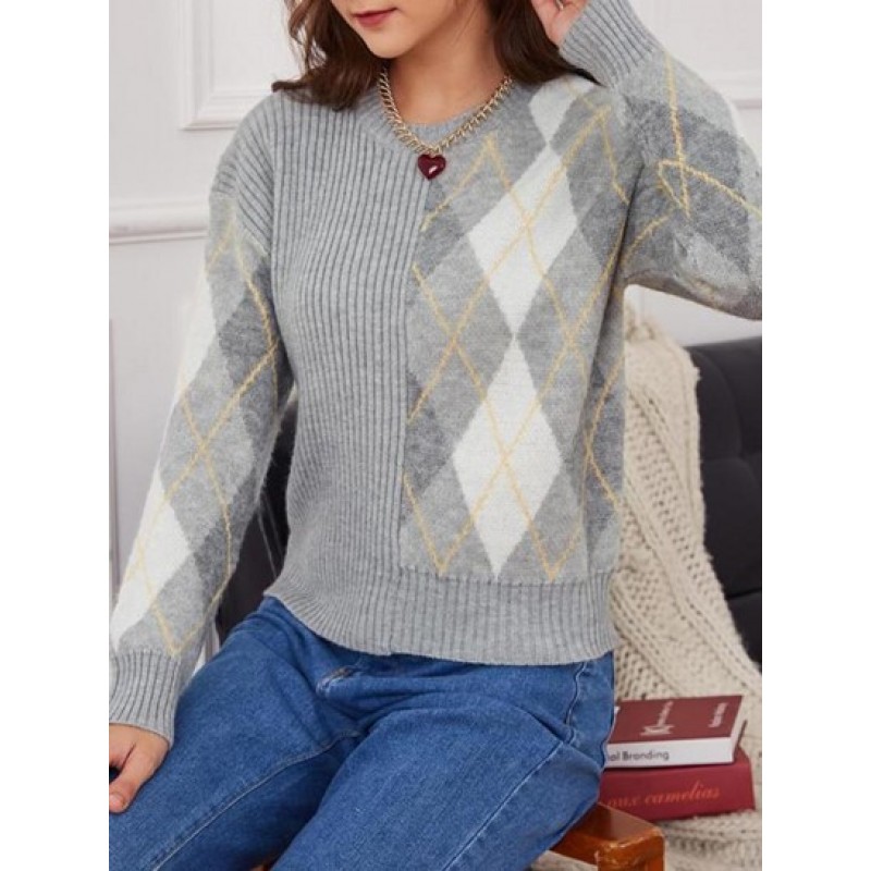 Argyle Ribbed Drop Shoulder Sweater