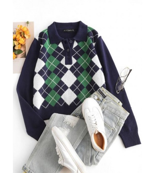 Pullover Button Front Plaid Sweater