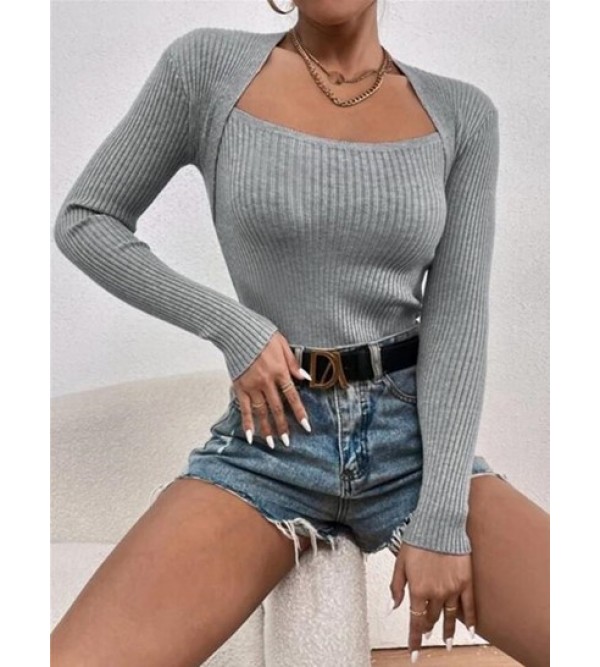 Faux Two Pieces Solid Color Knit Top