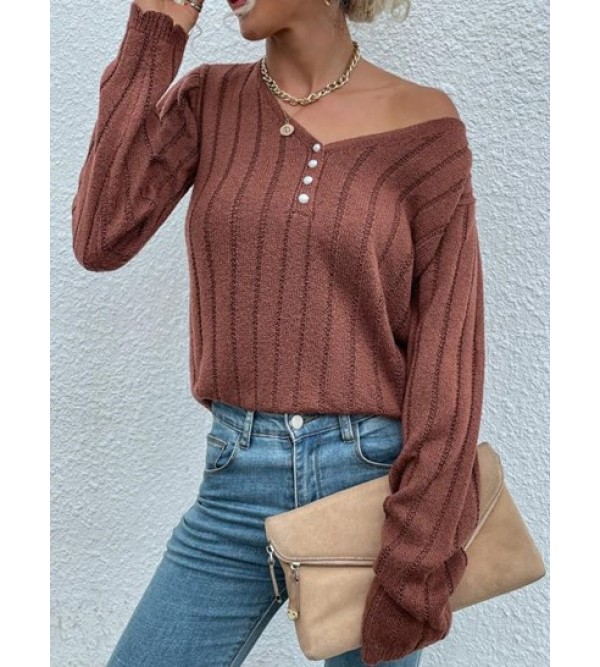 V Neck Ribbed Pearly Button Front Sweater