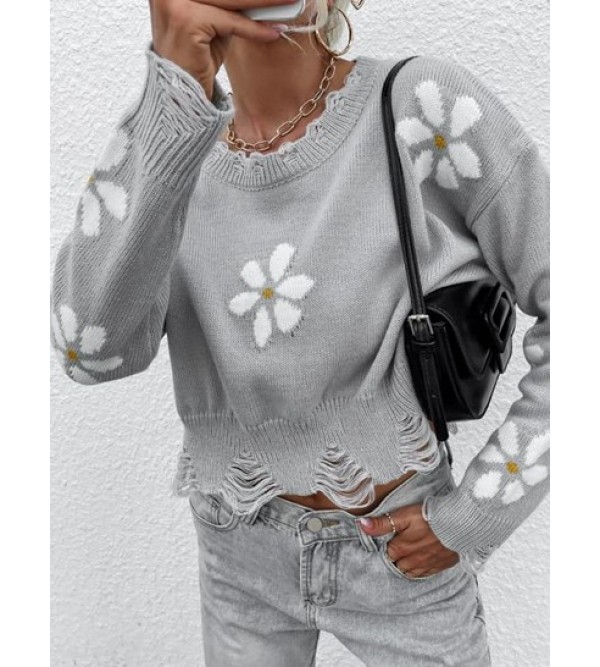 Ripped Distressed Flower Graphic Sweater