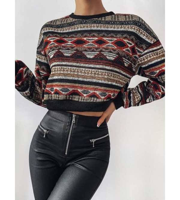 Drop Shoulder Crew Neck Tribal Graphic Sweater