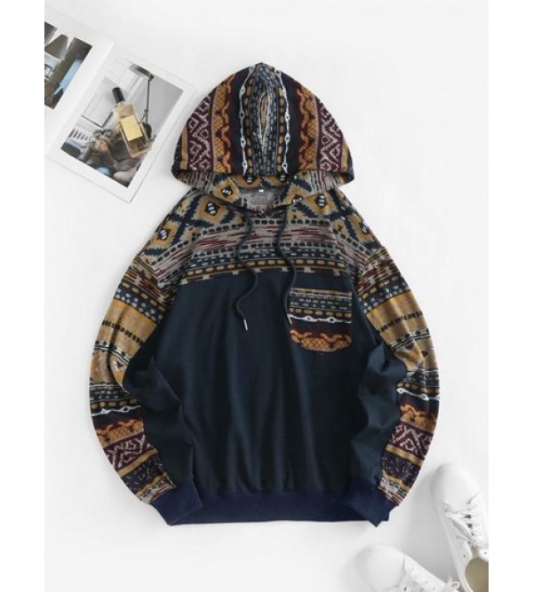 Front Pocket Drawstring Ethnic Printed Hoodie