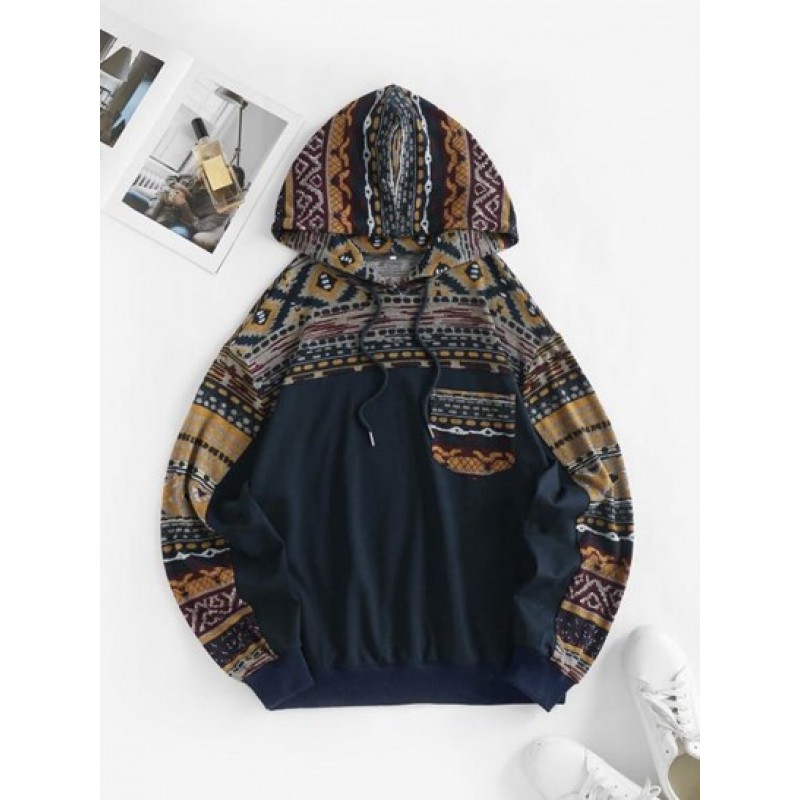 Front Pocket Drawstring Ethnic Printed Hoodie