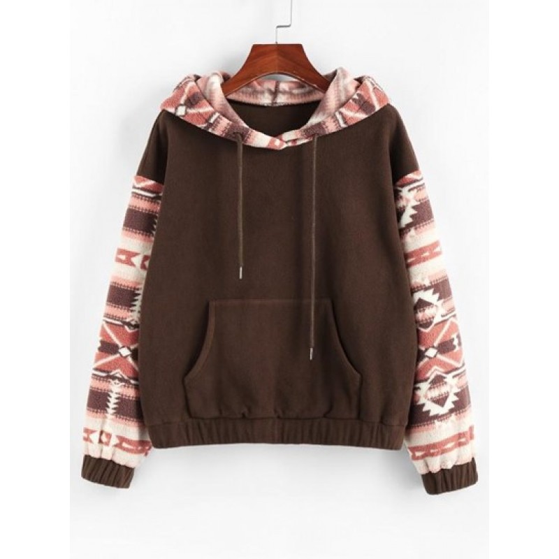 Geometric Print Fleece Elastic Cuff Hoodie