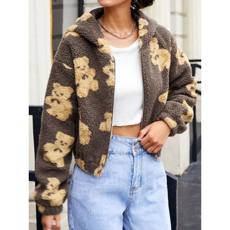 Faux Shearling Funny Bear Fluffy Zip Hoodie