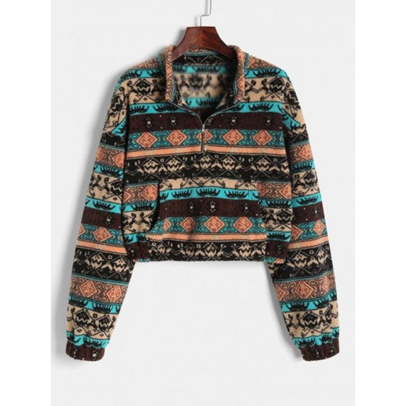 Half Zip Ethnic Graphic Faux Shearling Sweatshirt