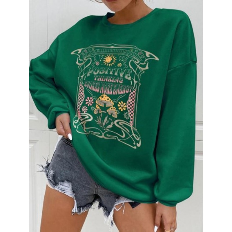 Positive Mushroom Sun Floral Print Pullover Sweatshirt