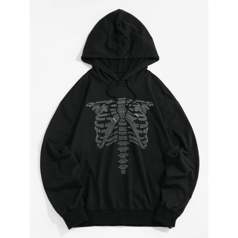 Halloween Abstract Skeleton Graphic Slouchy Drawstring Hoodie