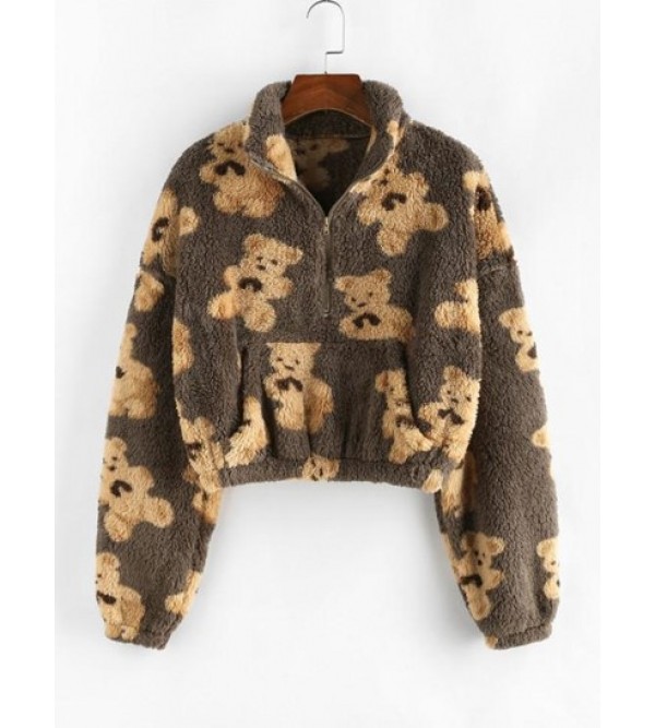 Cartoon Bear Half Zipper Fluffy Sweatshirt