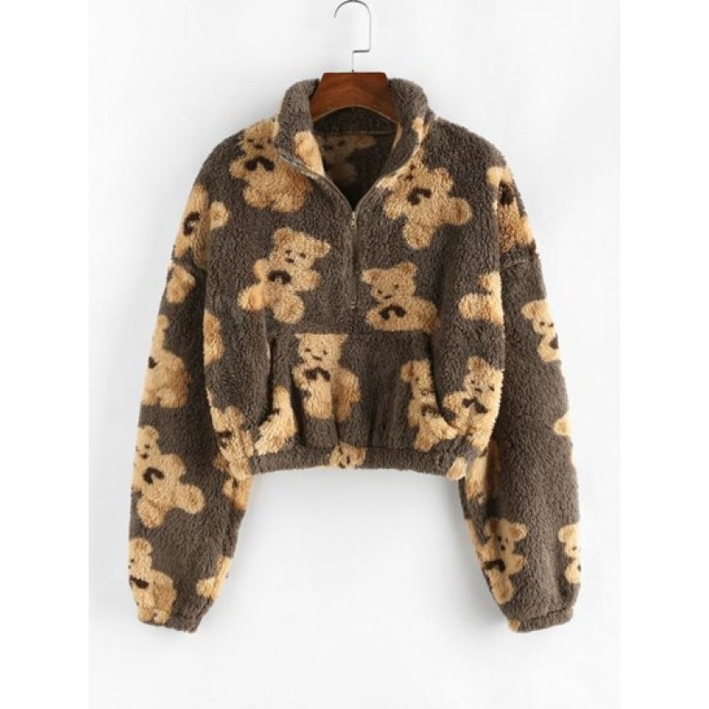 Cartoon Bear Half Zipper Fluffy Sweatshirt