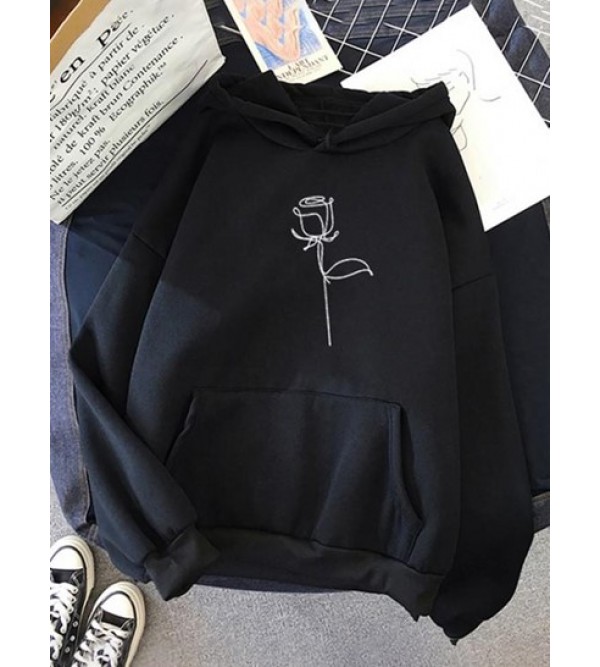 Drop Shoulder Rose Print Thermal Lined Hoodie