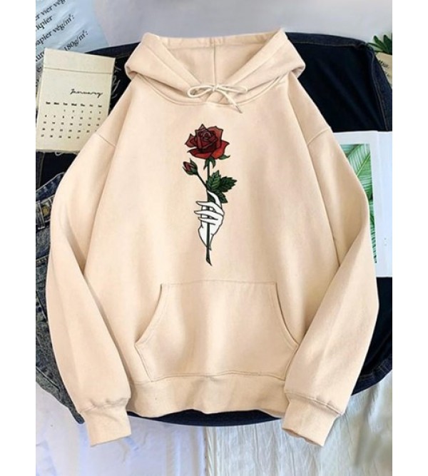 Hand Rose Print Drop Shoulder Thermal Lined Hoodie