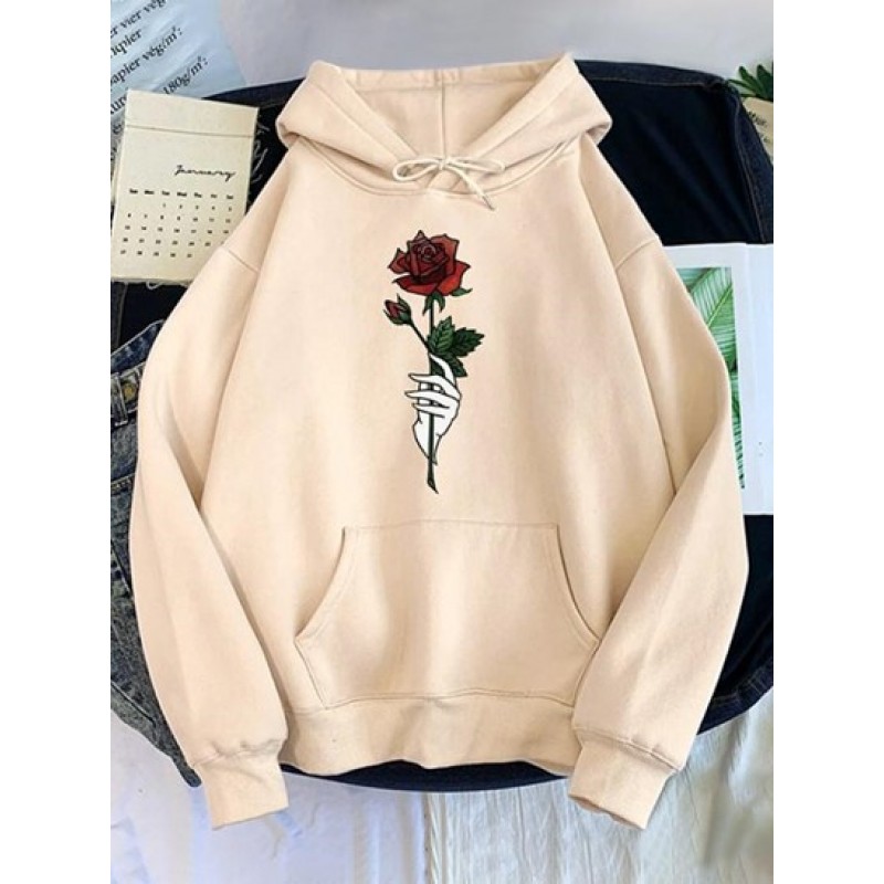 Hand Rose Print Drop Shoulder Thermal Lined Hoodie