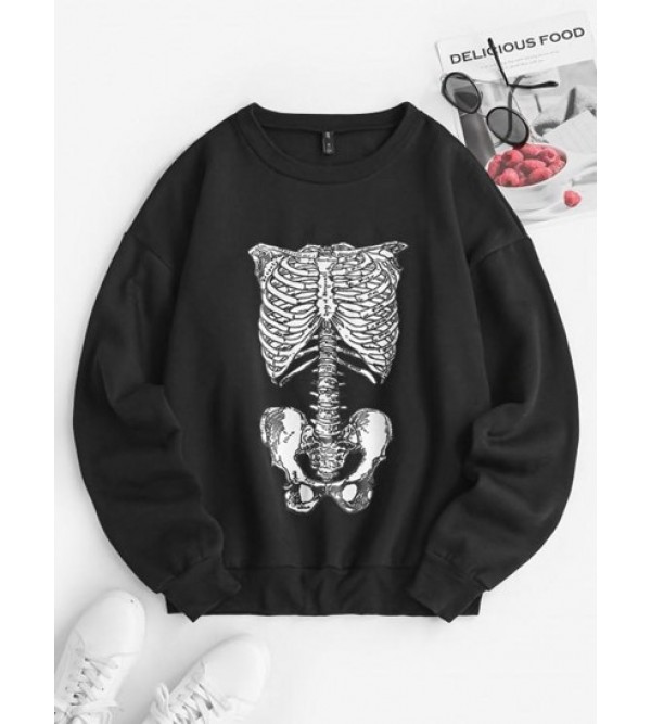 Drop Shoulder Loose Skeleton Halloween Sweatshirt