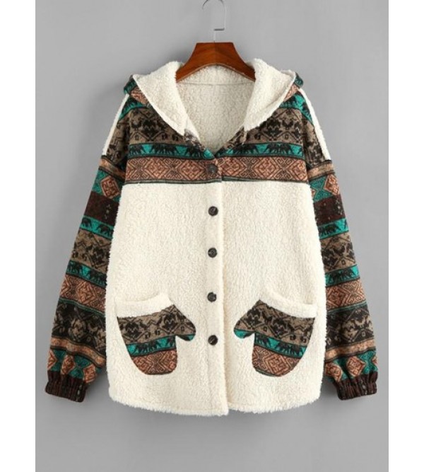 Hooded Tribal Faux Shearling Insert Pocket Jacket