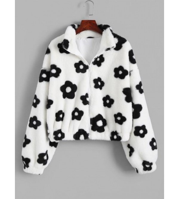 Fluffy Floral Graphic Faux Fur Jacket