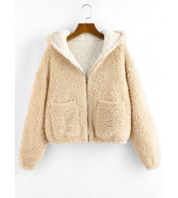 Reversible Hooded Pocket Drop Shoulder Teddy Coat