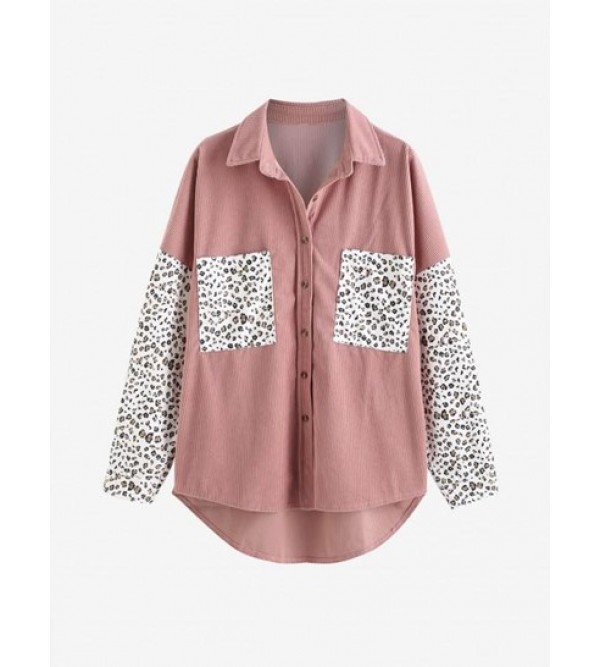 Leopard Insert Drop Shoulder Pocket High Low Shacket