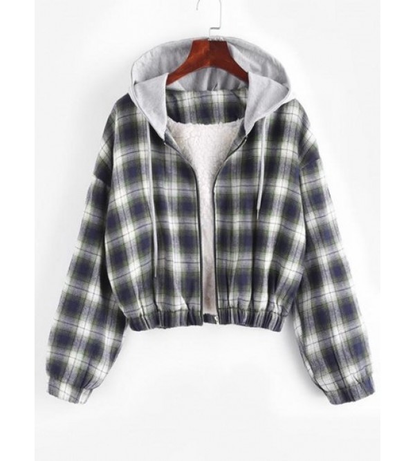 Fuzzy Flannel Hooded Faux Shearling Lined Plaid Jacket