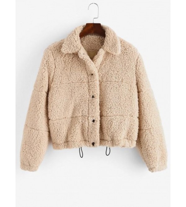 Snap Button Toggle Drawstring Teddy Coat