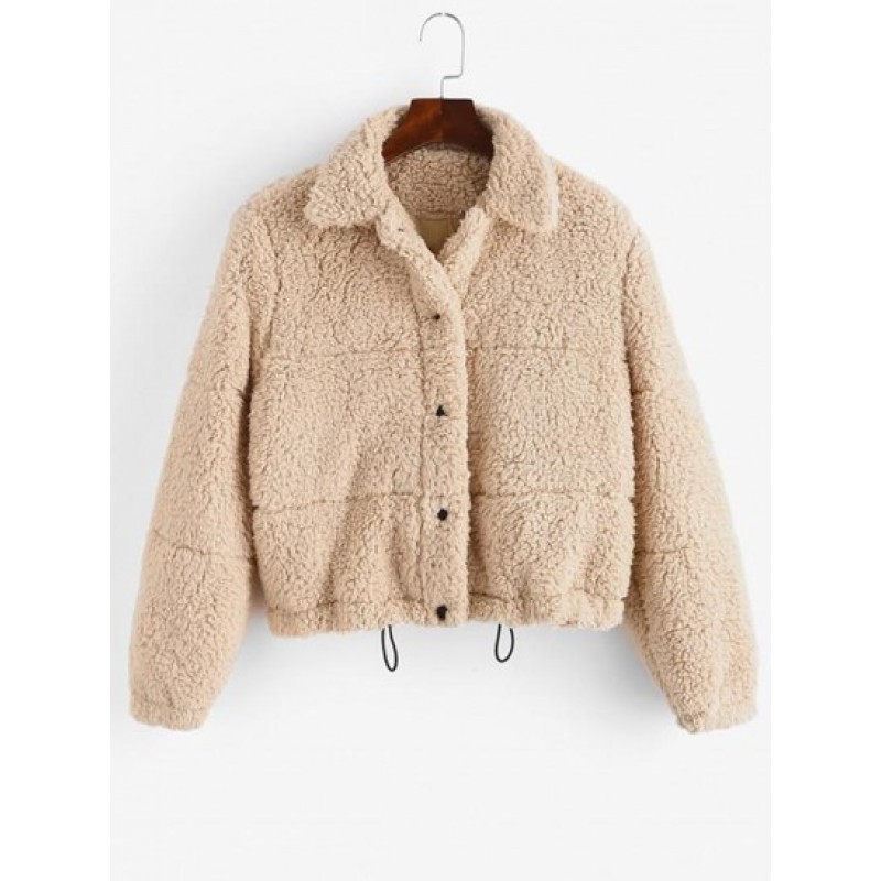 Snap Button Toggle Drawstring Teddy Coat
