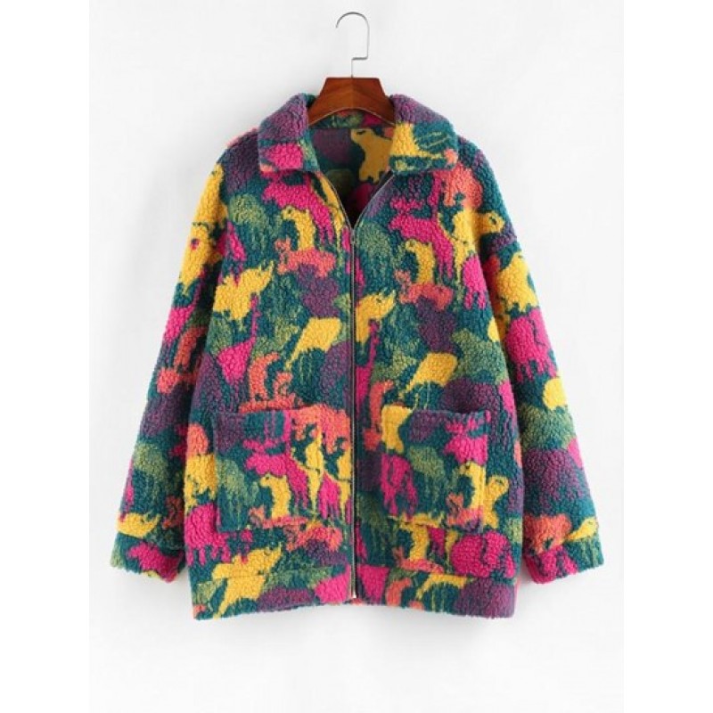 Camo Drop Shoulder Pocket Teddy Coat