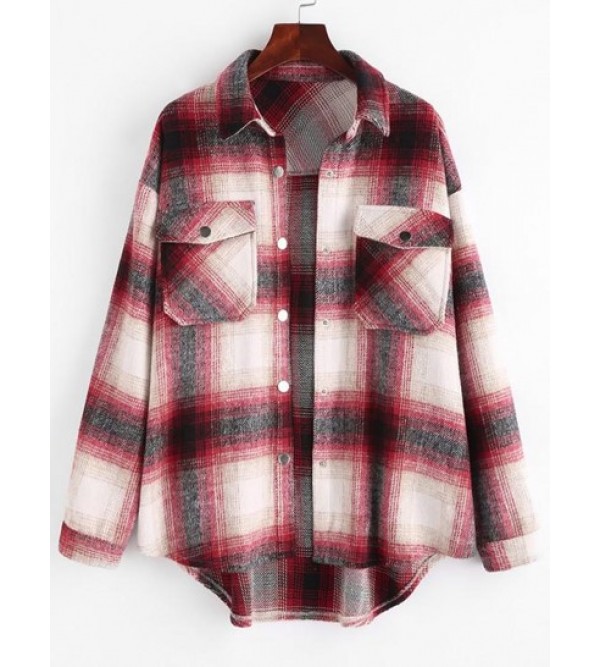 Plaid Flap Pocket Curved Hem Shirt Jacket