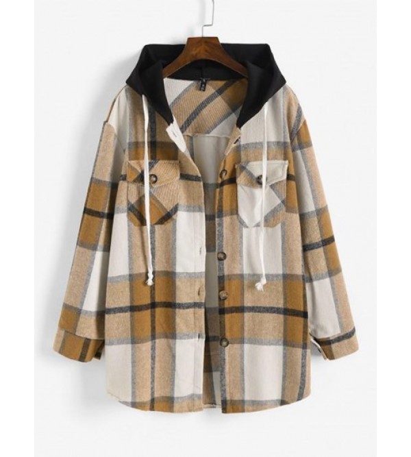 Contrast Hooded Plaid Patch Pockets Coat