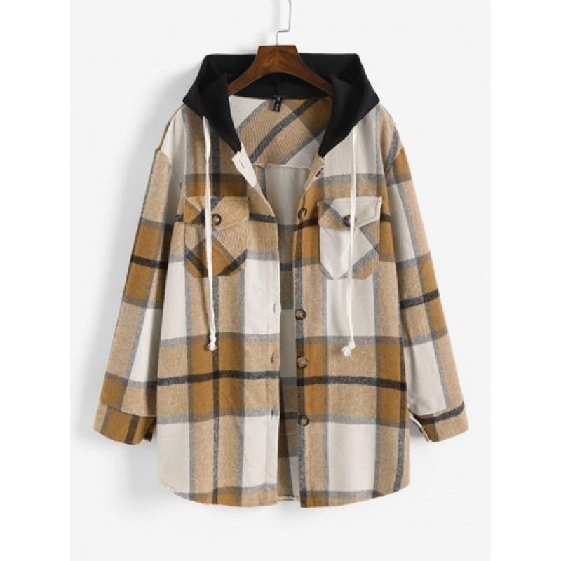 Contrast Hooded Plaid Patch Pockets Coat