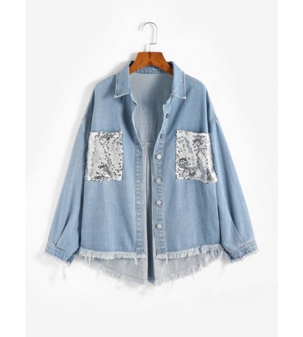 Frayed Front Pockets Sequined Denim Jacket