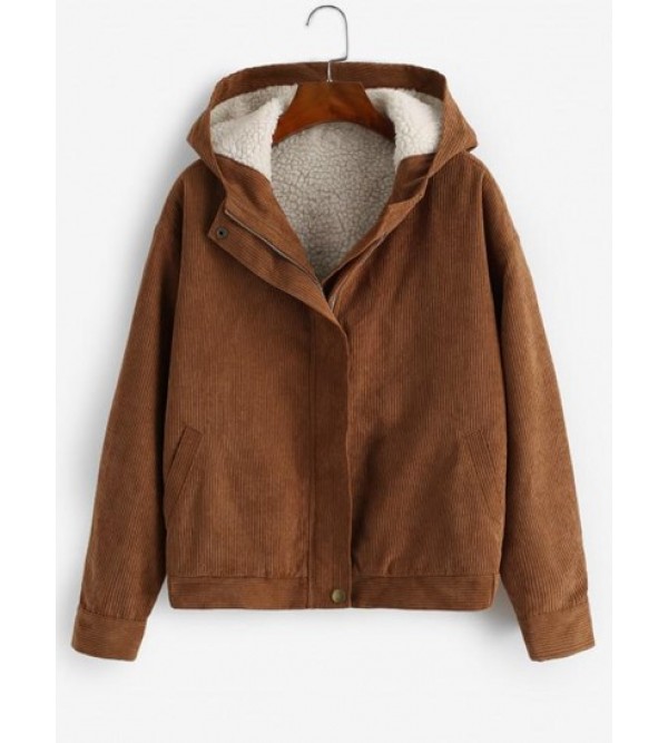 Teddy Lined Corduroy Zip Hooded Coat