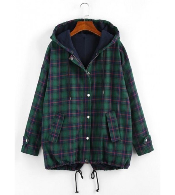 Drawstring Hooded Plaid Fleece Lined Jacket