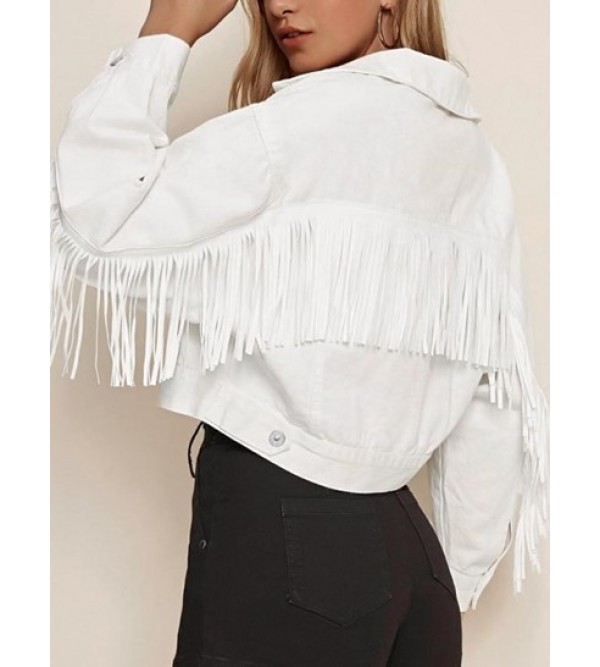 Button Up Fringed Back Denim Jacket