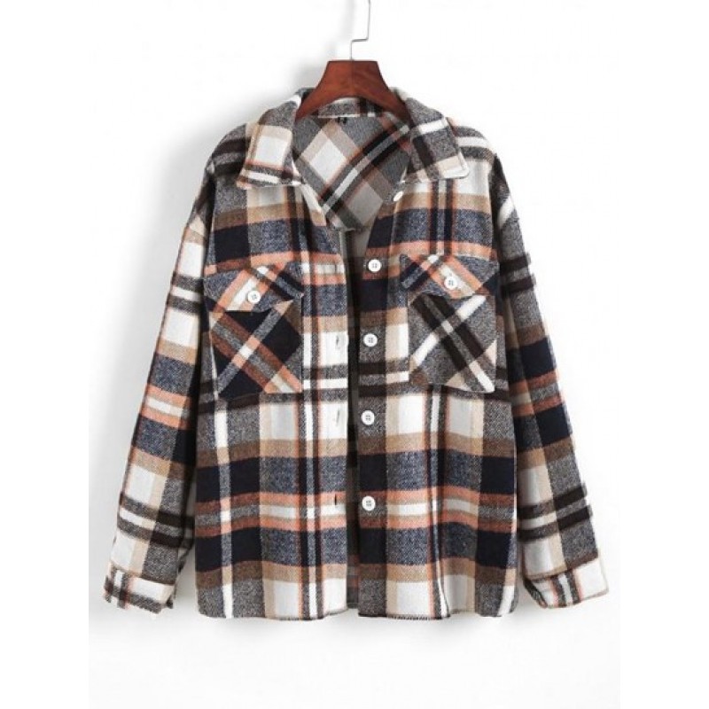 Front Pocket Wool Blend Plaid Shacket