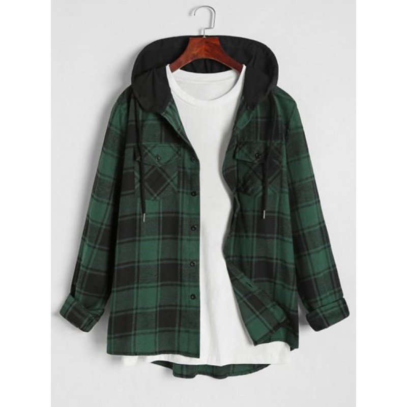 Hooded Checked Stepped Hem Shacket