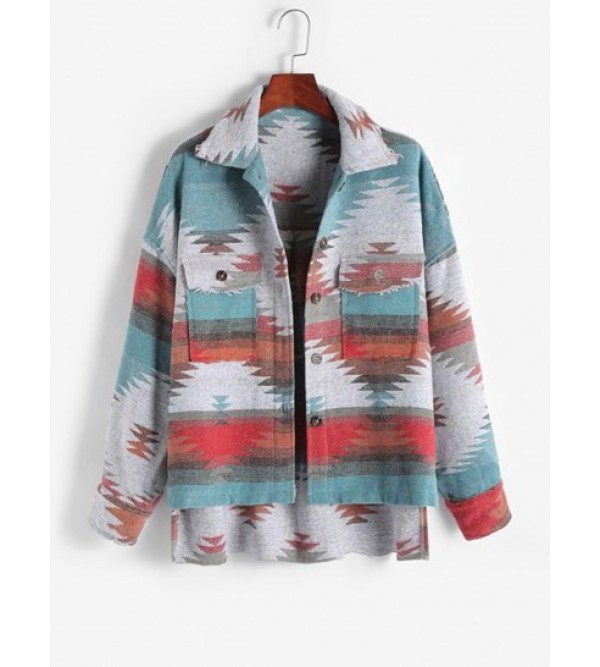 Ethnic Aztec Print Flap Pockets Button Up Jacket