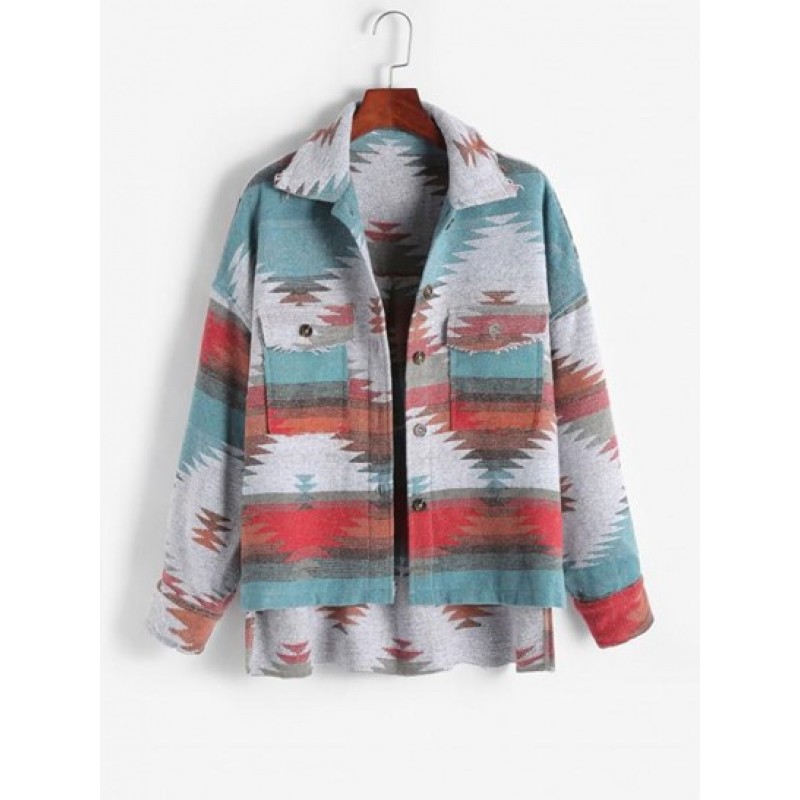Ethnic Aztec Print Flap Pockets Button Up Jacket