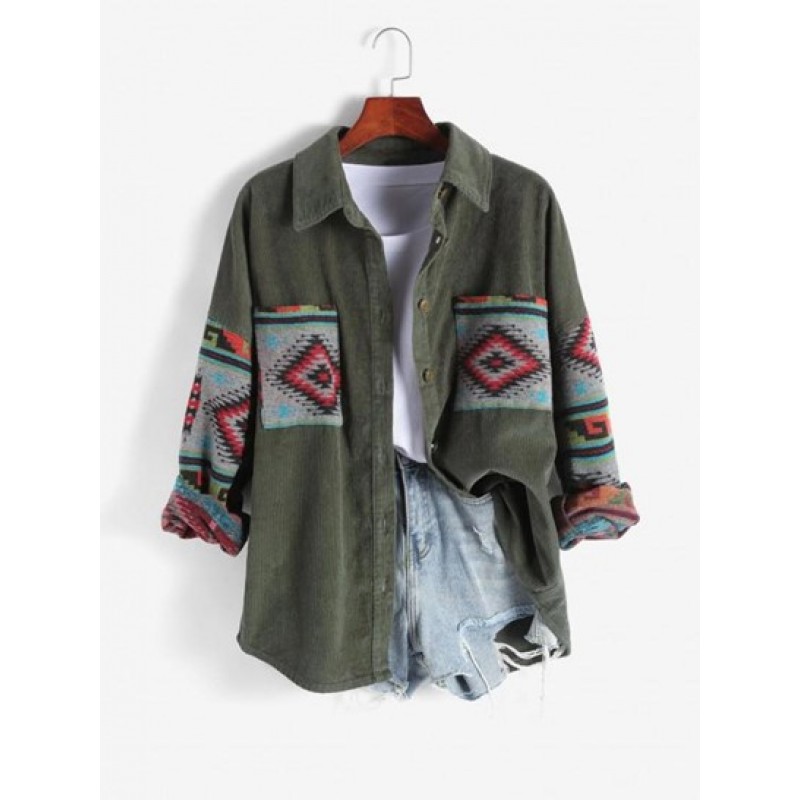 Ethnic Aztec Printed Corduroy Shacket