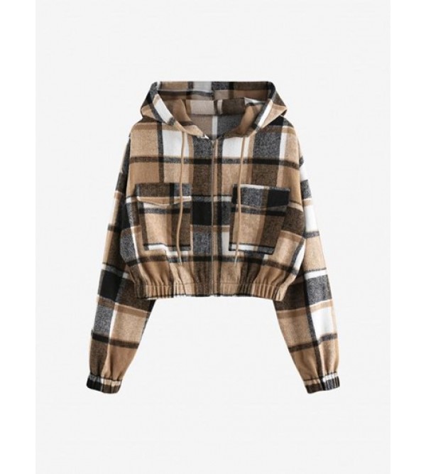 Plaid Flannel Flap Pocket Zip Hooded Jacket