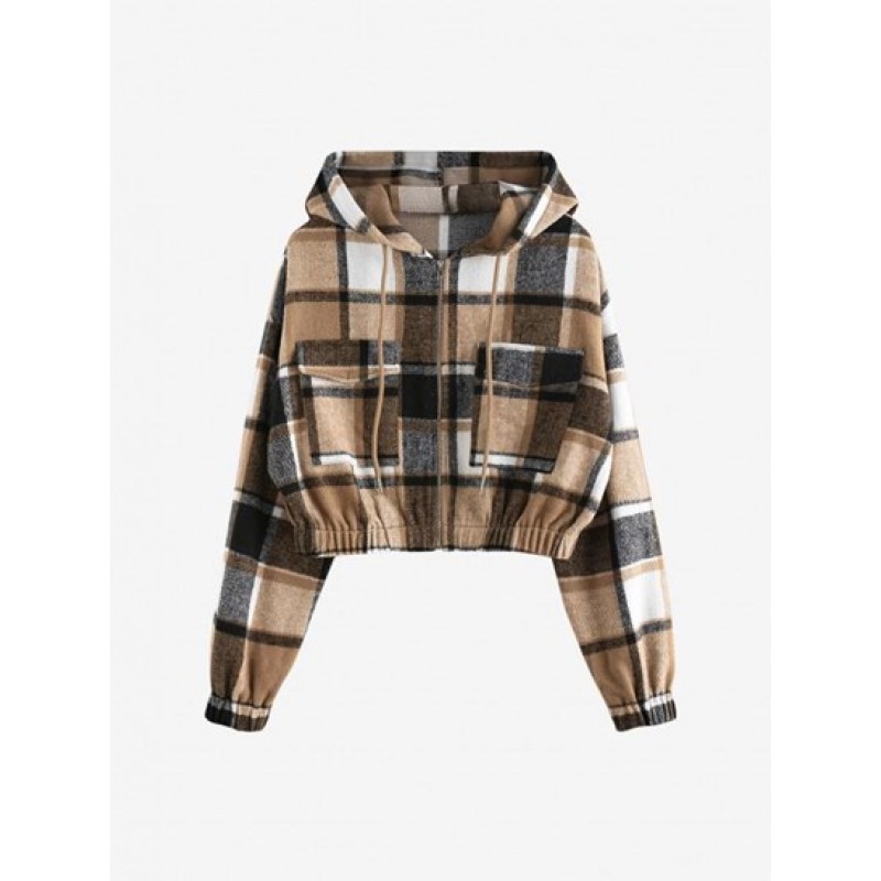 Plaid Flannel Flap Pocket Zip Hooded Jacket