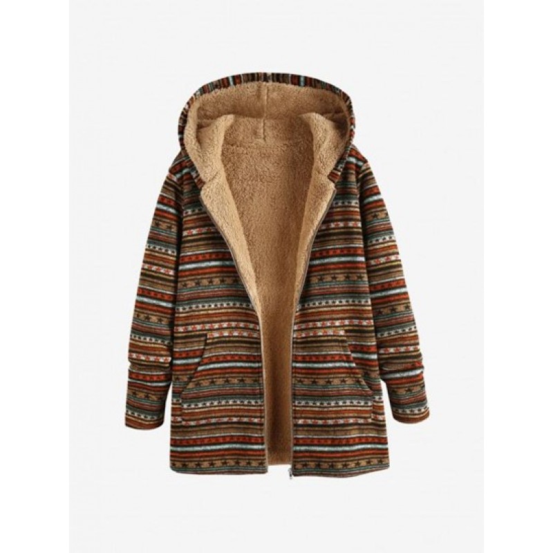 Ethnic Print Faux Fur Lined Hooded Zip Coat