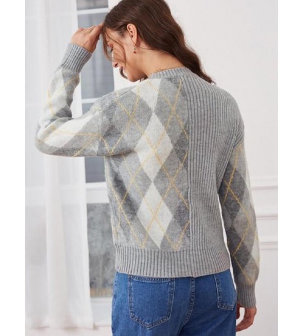 Argyle Ribbed Drop Shoulder Sweater