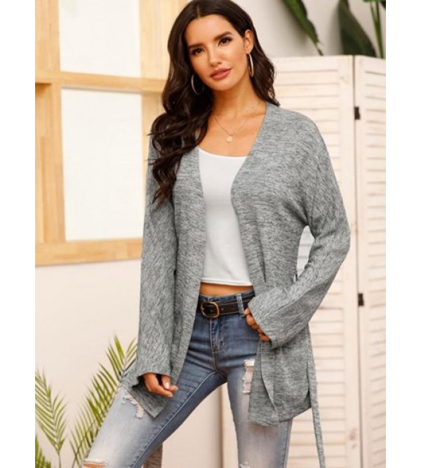 V Neck Belted Heathered Cardigan