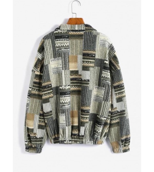 Aztec Print Drop Shoulder Half Zip Teddy Sweatshirt