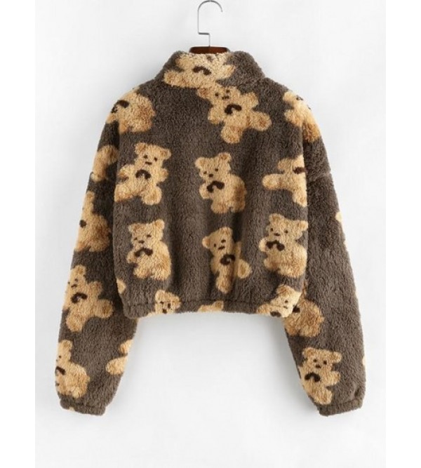 Cartoon Bear Half Zipper Fluffy Sweatshirt