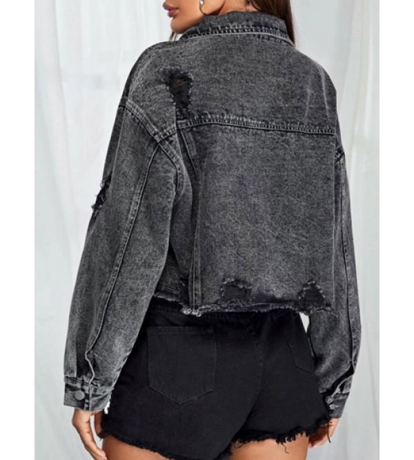 Distressed Frayed Drop Shoulder Denim Jacket