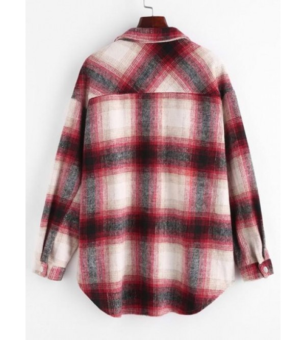 Plaid Flap Pocket Curved Hem Shirt Jacket