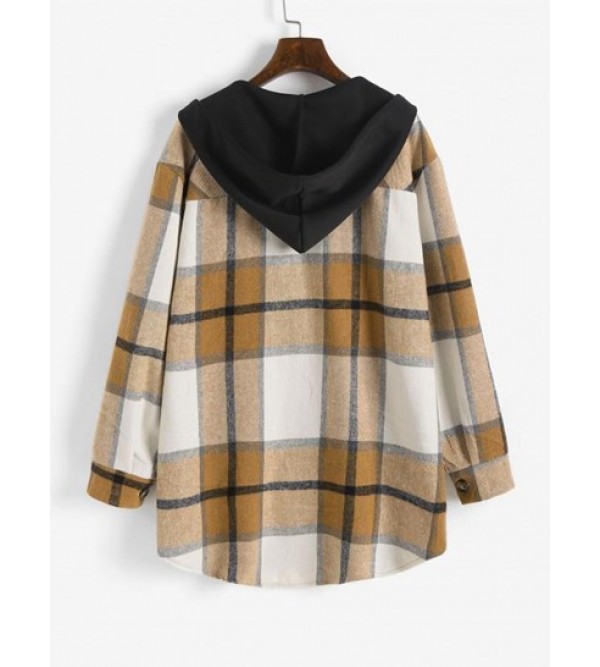 Contrast Hooded Plaid Patch Pockets Coat