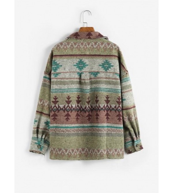 Ethnic Aztec Print Cargo Pockets High Low Jacket